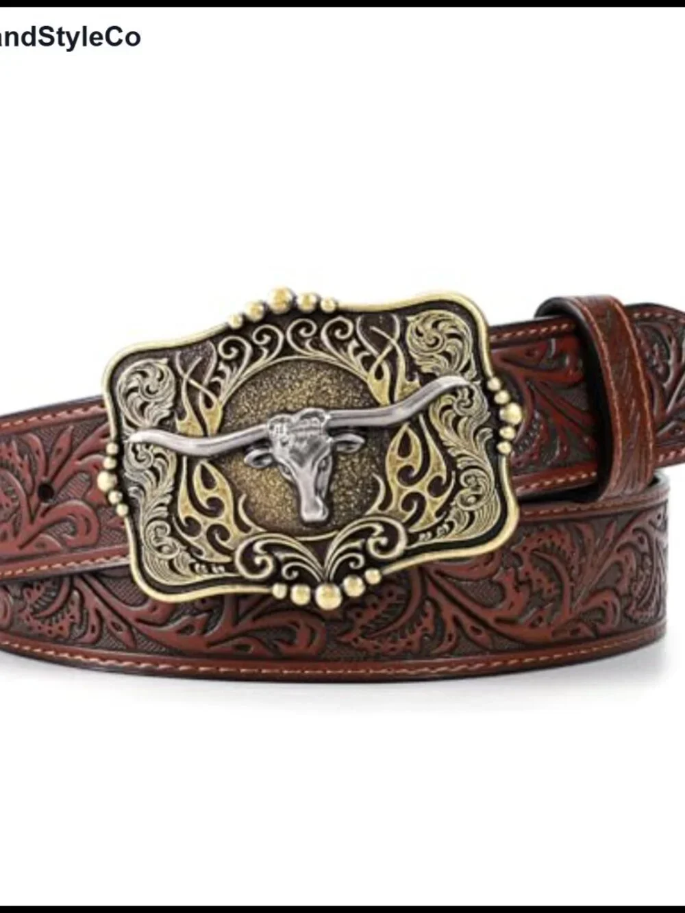Western Cowboy Belt Embossed Leather Longhorn Buckle Unisex